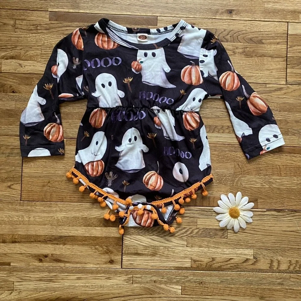 Halloween Ghost And Pumpkin‎ Romper With Pom Poms Size 90